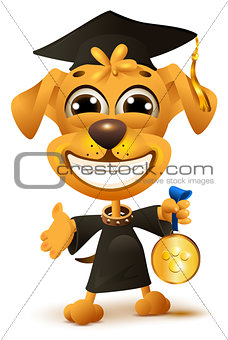 Dog school graduation. Yellow puppy in black robe holds reward
