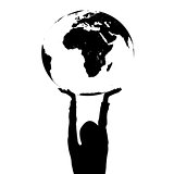 Woman silhouette holding the Earth in hands