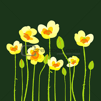Yellow poppies on green background