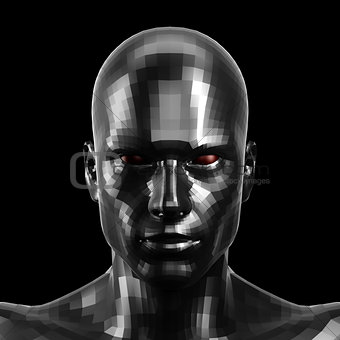 3D rendering. Faceted black robot face with red eyes looking front on camera.