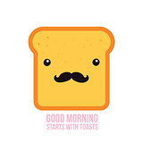Hipster toast bread Funny Cartoon character with mustache