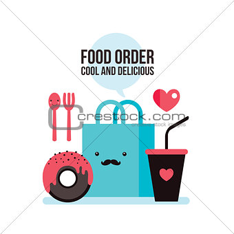 Delicious donut Coffee Shopping bag Online food order flat design