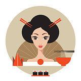 Beautiful Japan Travel banner with Geisha Sushi Origami and Noodles