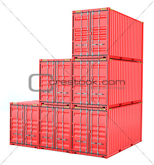 Stacked red cargo containers over white