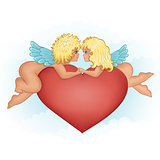 Angels girl and boy kissing holding hands