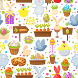 Easter seamless background.Religious holiday pattern from rabbit, pigeon, colored eggs, chickens and other traditional symbols of Easter