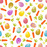 Easter seamless background.Religious holiday pattern from colored eggs, flowers , carrrots .Traditional symbols of Easter vector illustration