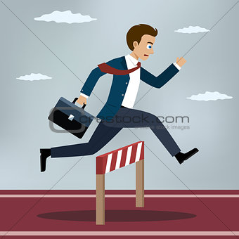 Businessman jumping over hurdle.