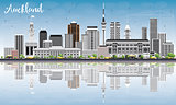 Auckland Skyline with Gray Buildings, Blue Sky and Reflections.