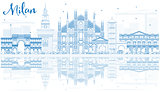 Outline Milan Skyline with Blue Landmarks and Reflections.