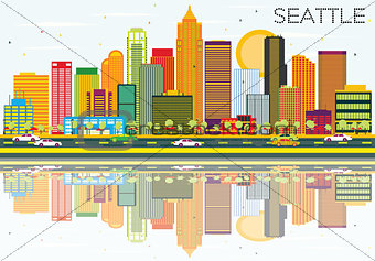 Abstract Seattle Skyline with Color Buildings and Reflections.