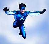 generic super hero male in blue and white costume flying 2