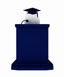Render of an Egg graduate making a speach positioned behind blue podium