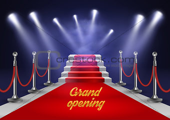 White stairs covered with red carpet and illuminated by spotlight realistic vector illustration