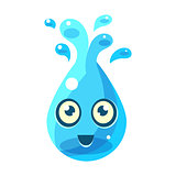 Blue Water Element With Splashes, Egg-Shaped Cute Fantastic Character With Big Eyes Vector Emoji Icon
