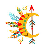 Decorative Object With Arrow , Feathers And Crescent Shape, Native Indian Culture Inspired Boho Ethnic Style Print
