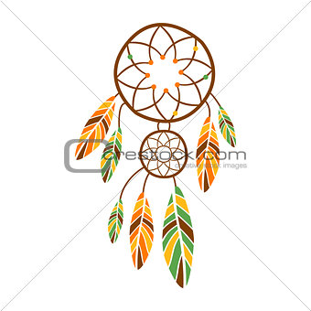 Double Dream Catcher With Feathers, Native Indian Culture Inspired Boho Ethnic Style Print