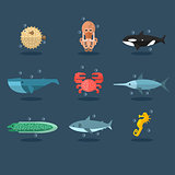 Inhabitants of Sea and Ocean. Vector Illustration Set.
