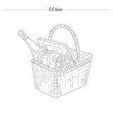 Picnic Basket With Wine Hand Drawn Realistic Sketch