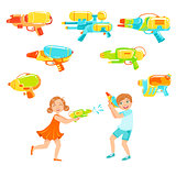Kids Playing With Water Pistols And Assortment Of  Guns