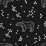Seamless black and white kids tribal vector pattern with polar bears and triangles.