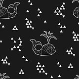 Seamless black and white kids tribal vector pattern with whales and triangles.