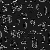Seamless black and white kids tribal vector pattern with whales, penguins, polar bears and arrows.