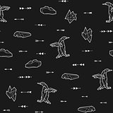 Seamless black and white kids tribal vector pattern with penguins and arrows.