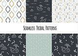 Set of navajo tribal patterns with low poly whales.