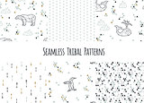 Set of navajo tribal patterns with low poly penguins, polar bears and whales.