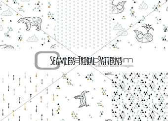 Set of navajo tribal patterns with low poly penguins, polar bears and whales.