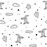 Seamless black and white kids tribal vector pattern with penguins and ice floes.