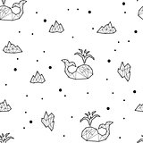 Seamless black and white kids tribal vector pattern with whales and ice floes.