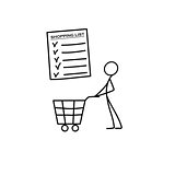 Stick figure man pushing shopping cart icon