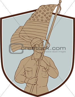 American Soldier Waving USA Flag Crest Drawing