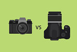 comparing Mirrorless camera vs DSLR camera picture illustration with black color and green background