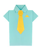 Blue shirt with yellow tie and shawl of origami.