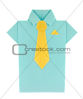 Blue shirt with yellow tie and shawl of origami.