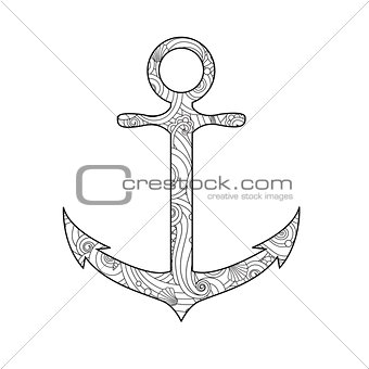 Coloring page with anchor isolated on white background in zentangle inspired doodle style.