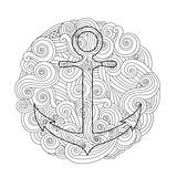 Coloring page with anchor in wave mandala. Zentangle inspired doodle style.
