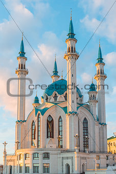 View of the minarets mosque Kul-Sharif at sunset. Russia, Tatarstan