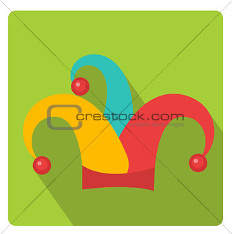 Colored jester hat icon flat style with long shadows, isolated on white background. Vector illustration.