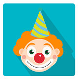 Clown icon flat style with long shadows, isolated on white background. Vector illustration.