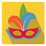 Carnival mask with feathers icon flat style with long shadows, isolated on white background. Vector illustration.
