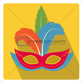 Carnival mask with feathers icon flat style with long shadows, isolated on white background. Vector illustration.