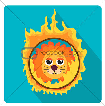 Lion jumping through a ring of fire in the circus icon flat style with long shadows, isolated on white background. Vector illustration.