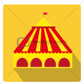Circus pavilion, yellow tent icon flat style with long shadows, isolated on white background. Vector illustration.
