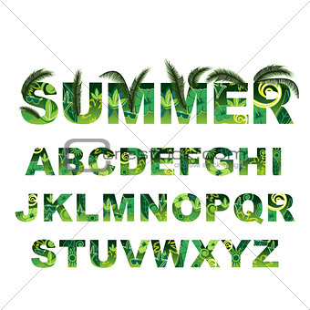 Summer green alphabet, capital vector tropical letters