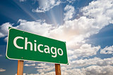 Chicago Green Road Sign Over Clouds
