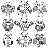 Nine cartoon funny owl outlines